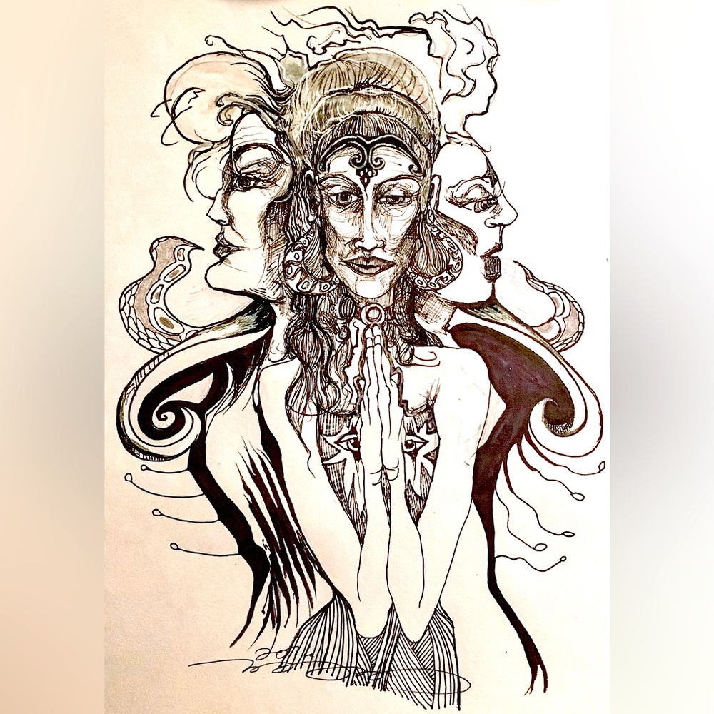 Original ink drawing moon goddess witchcraft sacred 3 ooak signed gallery art
